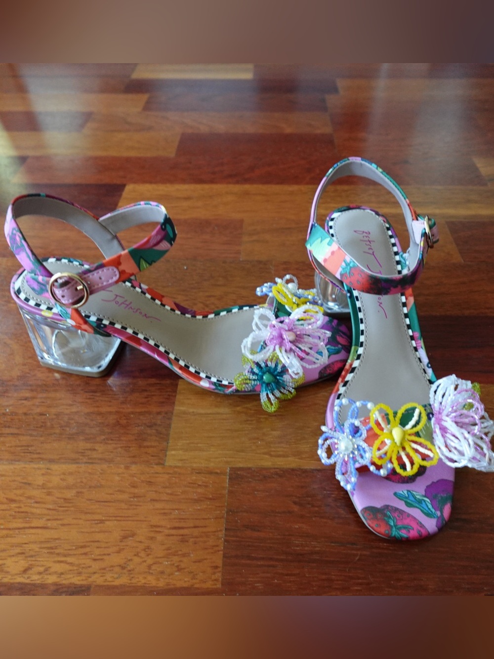 Betsey Johnson Multicolor Floral Beaded Block Heel Sandals